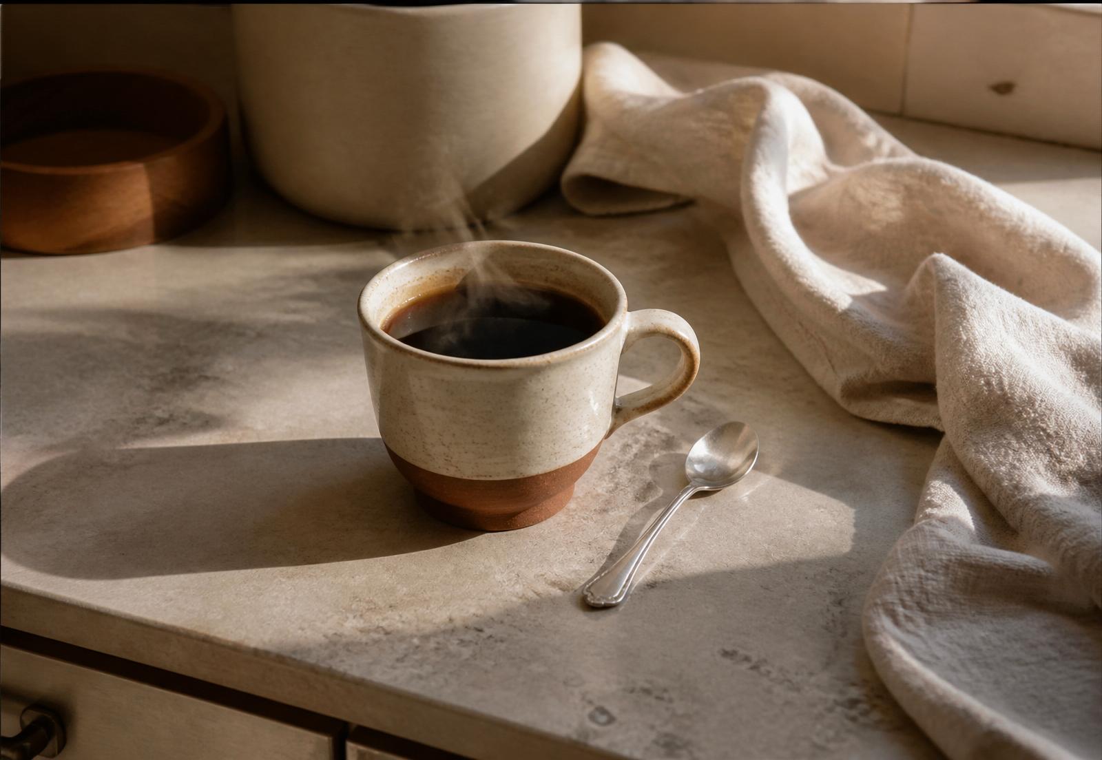 A warm ceramic cup of black coffee on a stone counter with morning shadows and a folded linen napkin.