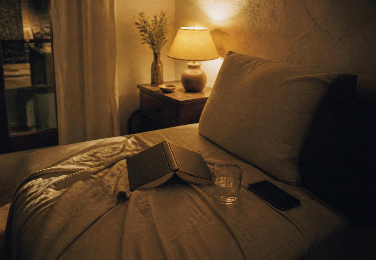 A softly lit bedside in late evening: a book left open on rumpled linen, a glass of water, and a phone face down beside a warm lamp.