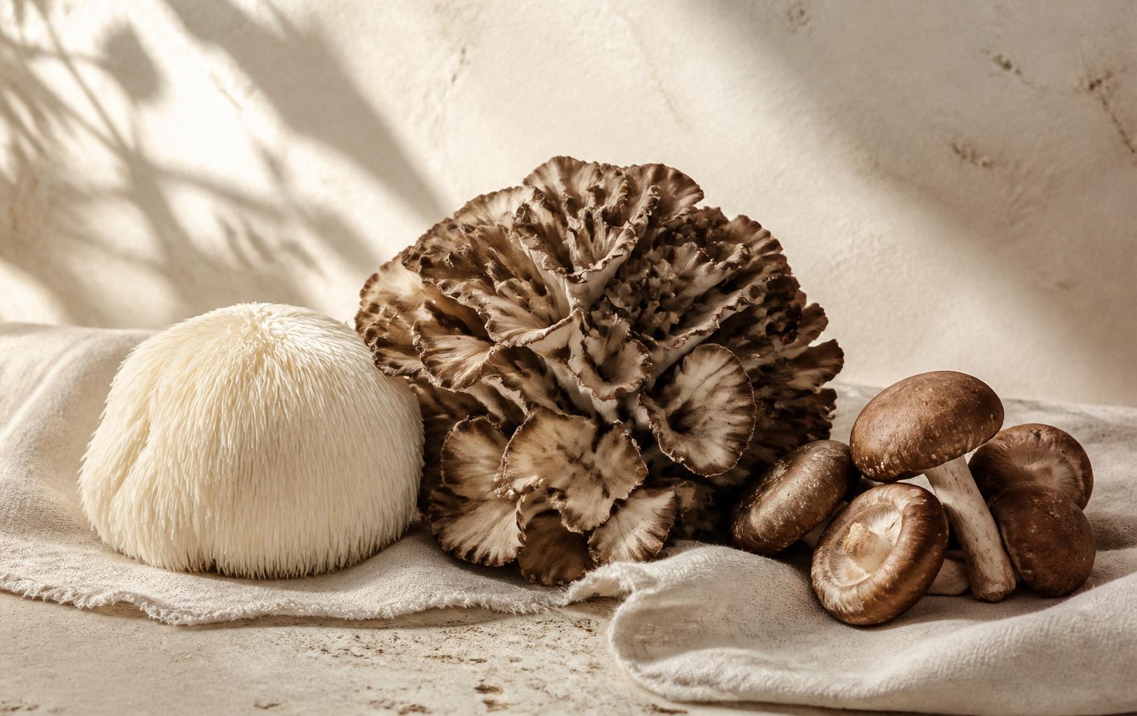 Editorial still life of a whole Lion's Mane mushroom, a layered Maitake and a small pile of shiitake mushrooms arranged on warm stone with natural linen.