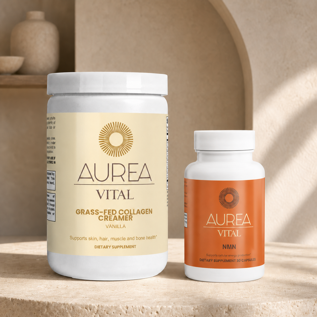 The Long Game pair in a warm travertine setting with NMN and Grass-Fed Collagen Creamer.