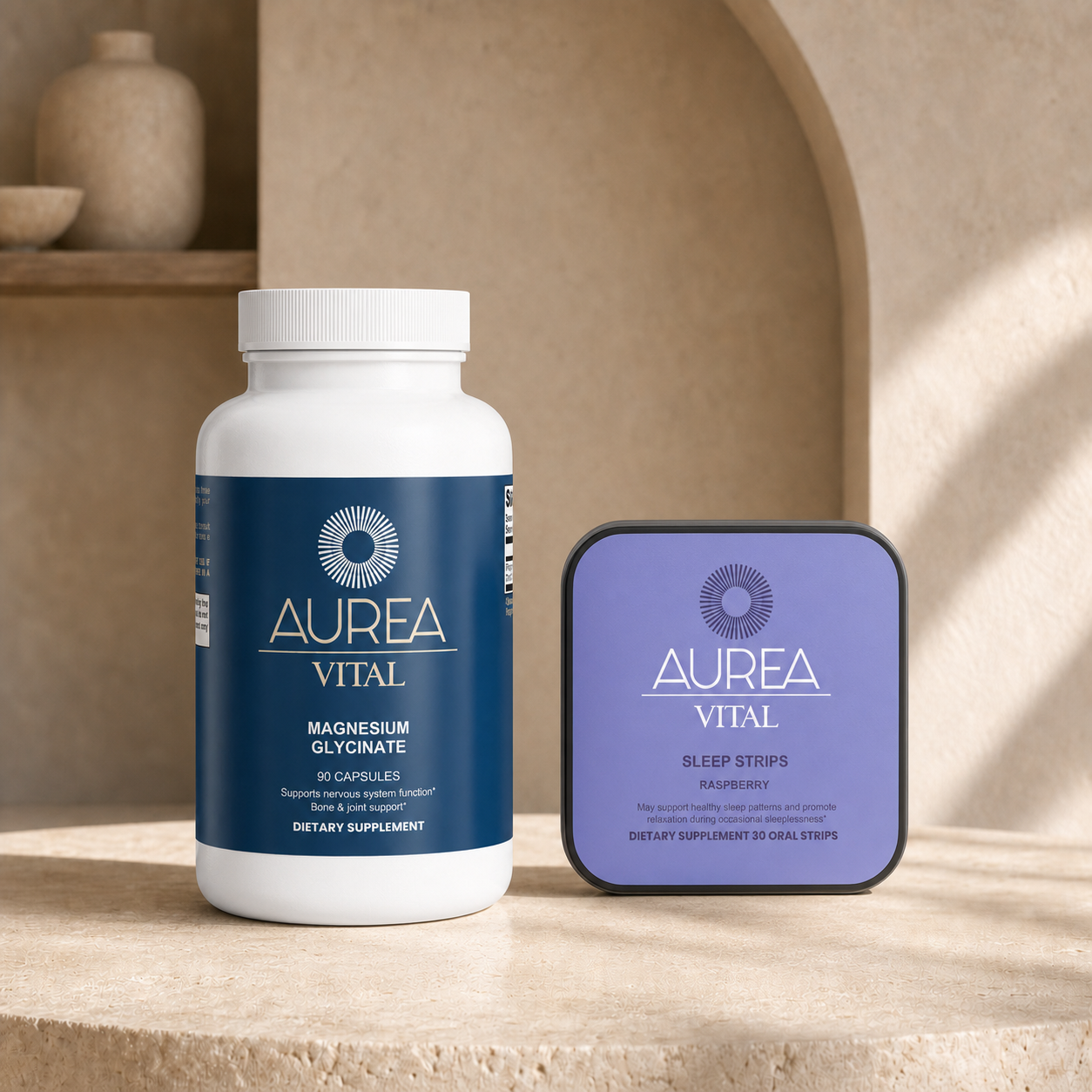 The Evening Pair with Raspberry Sleep Strips and Magnesium Glycinate in a warm travertine studio setting.