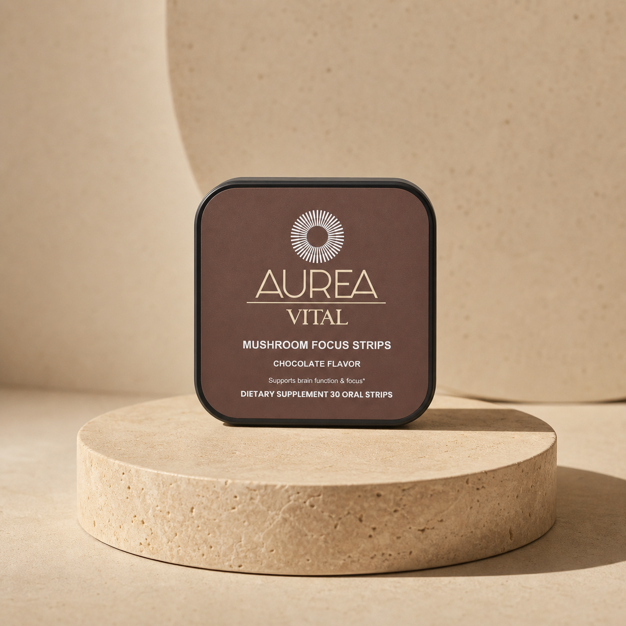 Aurea Vital Mushroom Focus Strips in a warm travertine studio setting.