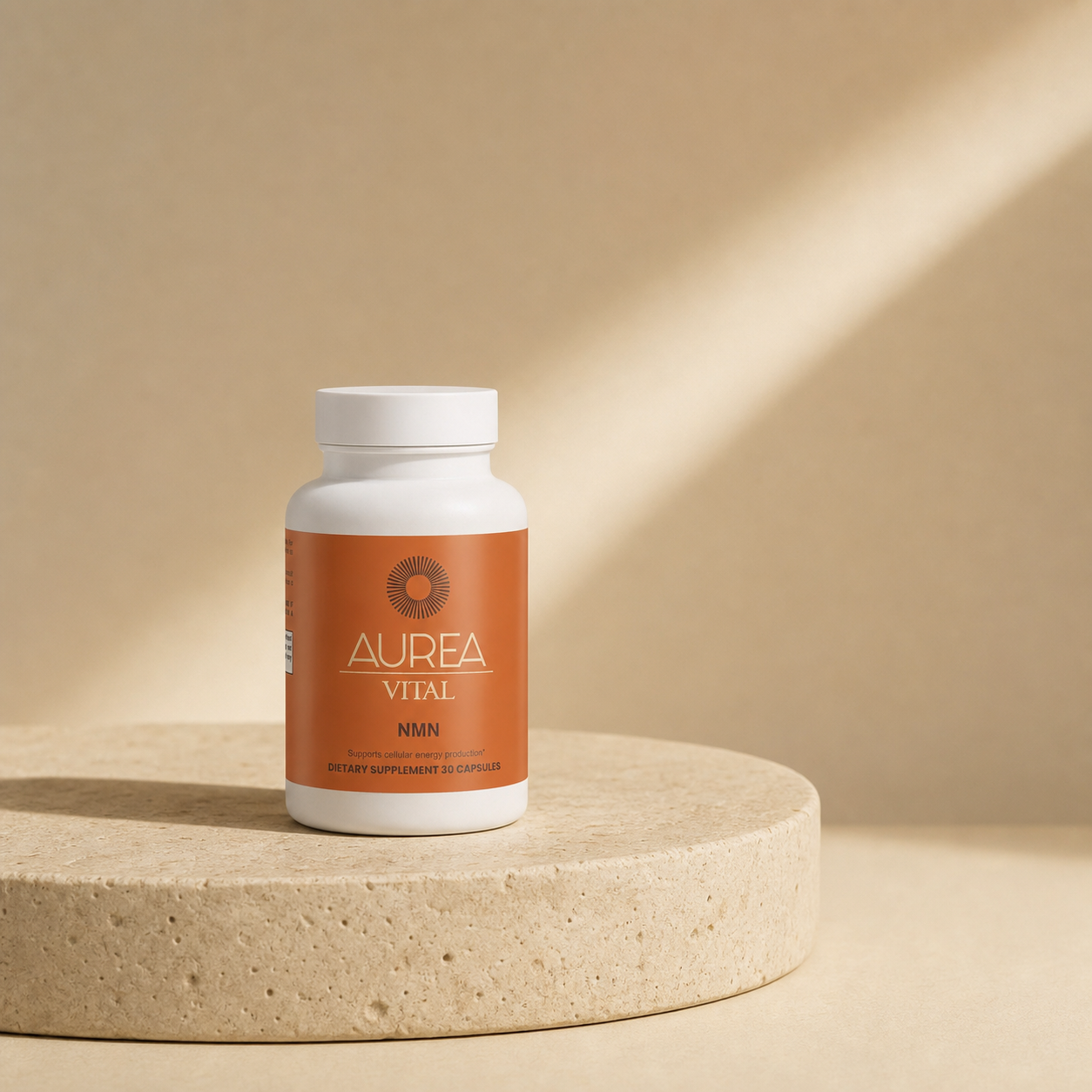 Aurea Vital NMN in a warm travertine studio setting.
