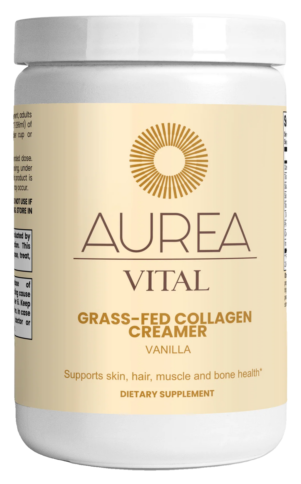 Aurea Vital Grass-Fed Collagen Creamer (Vanilla) jar.