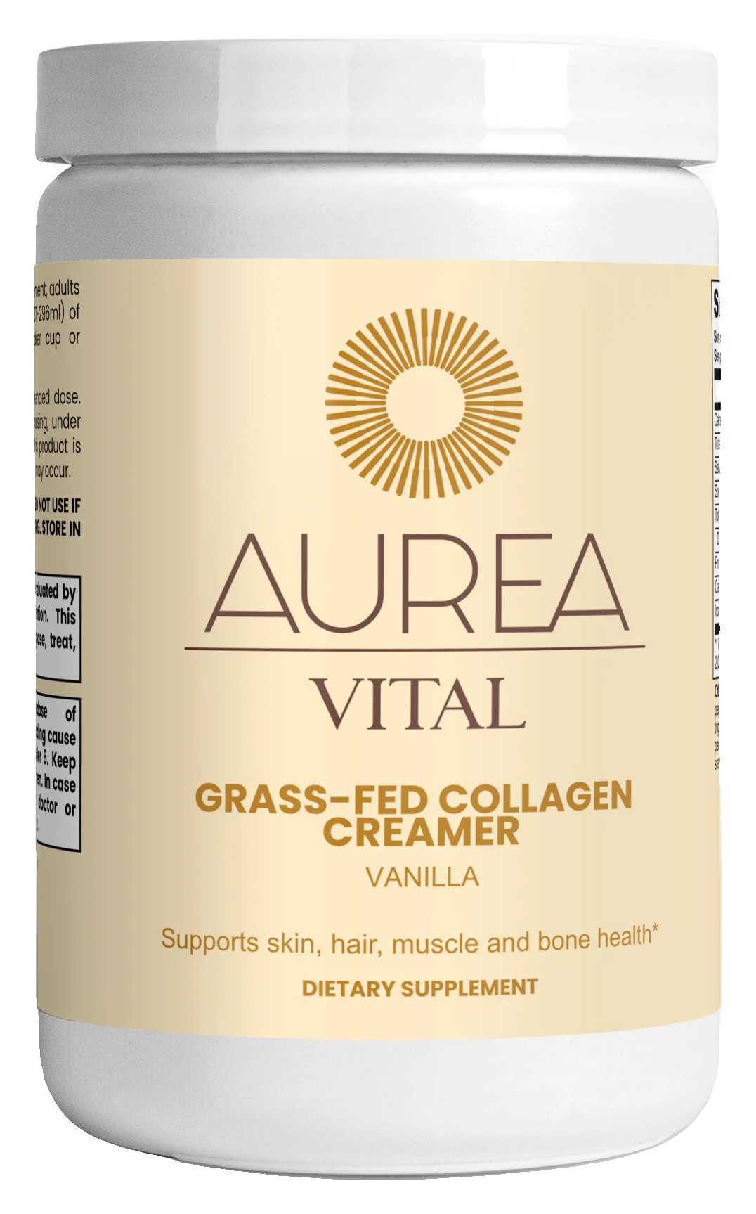 Aurea Vital Grass-Fed Collagen Creamer (Vanilla) jar.