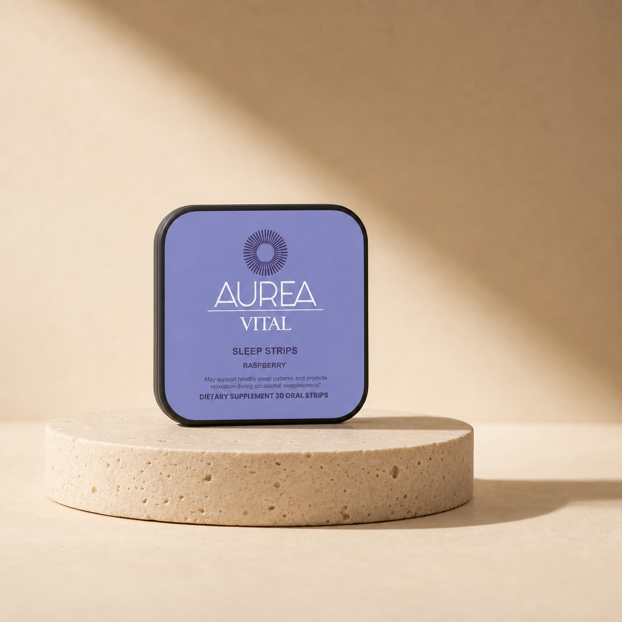 Aurea Vital Sleep Strips in a warm travertine studio setting.